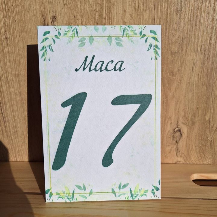 Сватбени табелки с номера за маси, идеални за всяко тържество. Персонализирайте дизайна с натурално зелени нюанси!