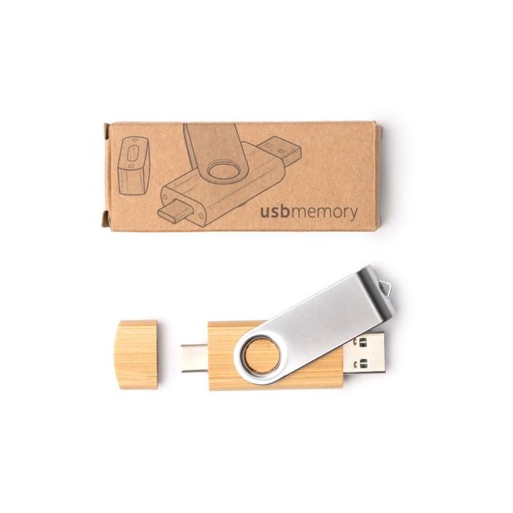 3.0 USB памет с корпус от бамбук - рекламни USB с Type-C и USB вход и изход с лого или надписи