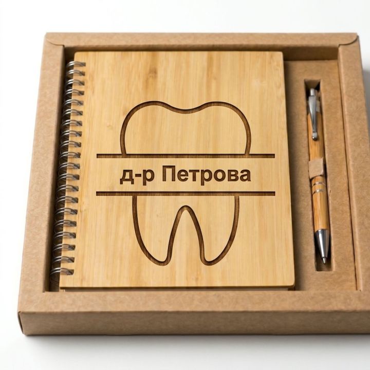 Подарък за зъболекар - комплект от персонализиран тефтер с име и химикал
